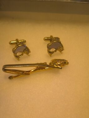 Gold Fish Motif Cufflinks and Tie Clip Set - Men's Accessories